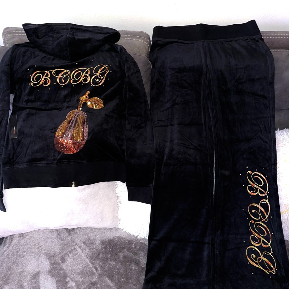 BCBG Black Velour Tracksuit with Gold Accents